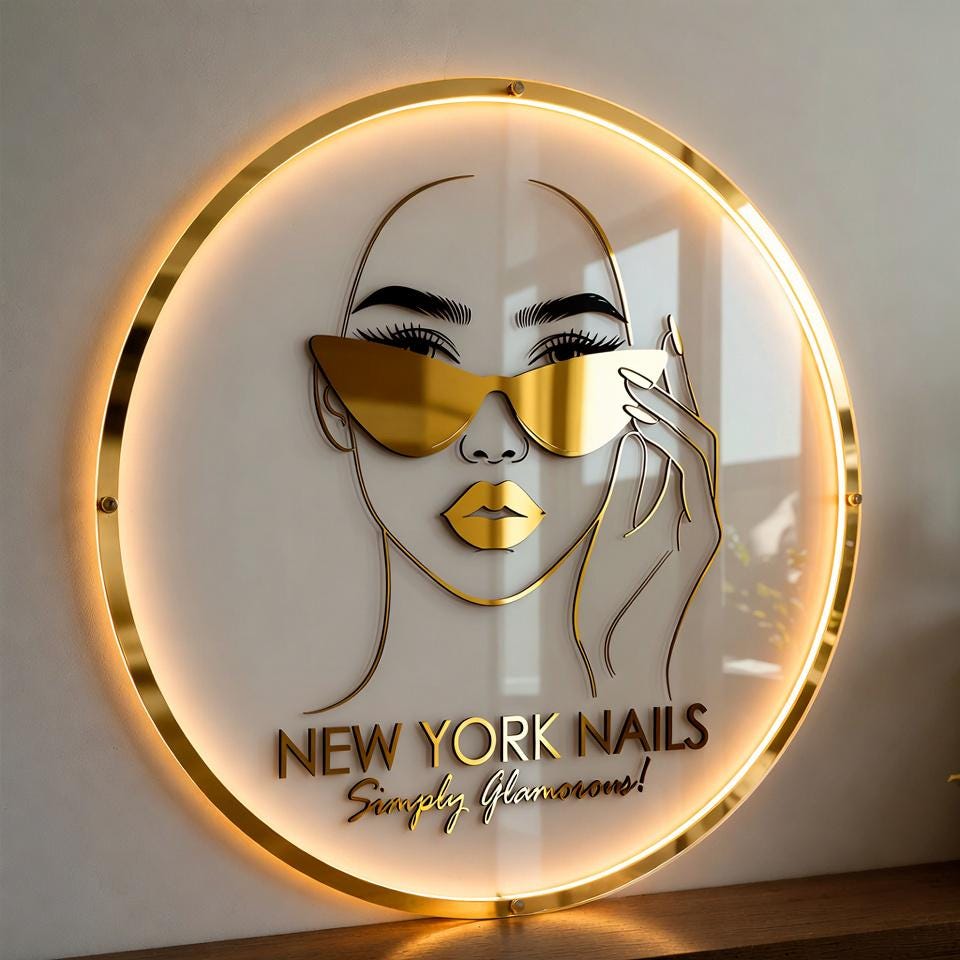 Custom Round Acrylic Nail Salon Sign with Neon LED Glow, Personalized Beauty Wall Logo for Esthetician, Spa or Glam Studio Business Decor