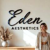 Custom 3D Acrylic Business Sign for Salon Wall Branding with Glossy Black Letters and Modern Logo Design for Professional Interiors