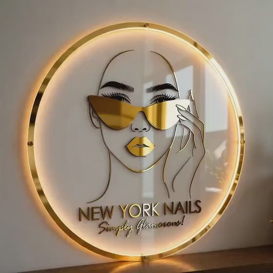 Custom Round Acrylic Nail Salon Sign with Neon LED Glow, Personalized Beauty Wall Logo for Esthetician, Spa or Glam Studio Business Decor